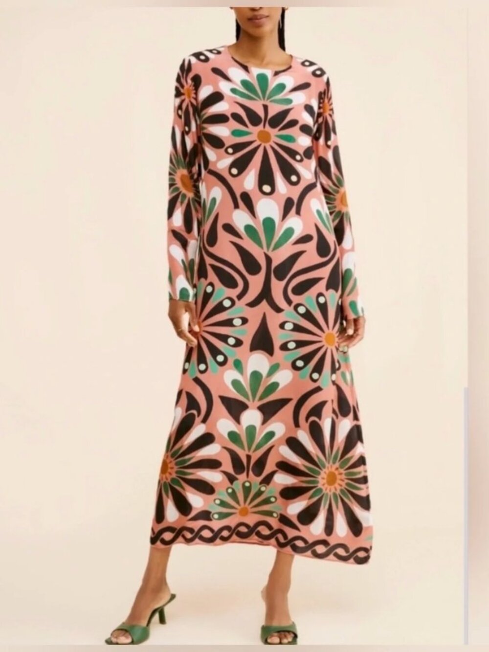 Farm Rio Ainika Flowers midi silky long sleeve dress size XS